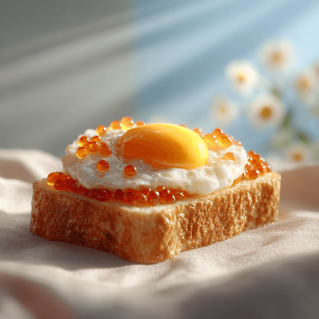 Яйца пашот с пшеничными гренками, икрой и соусом бальзамик