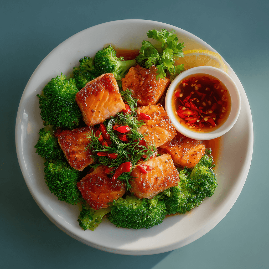 Обжаренная кета и брокколи с чили-соусом