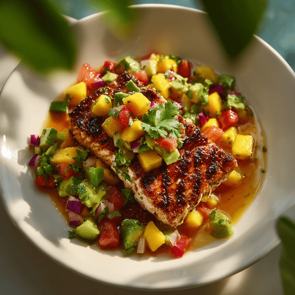 Стейк осетра на гриле с сальсой из манго и авокадо