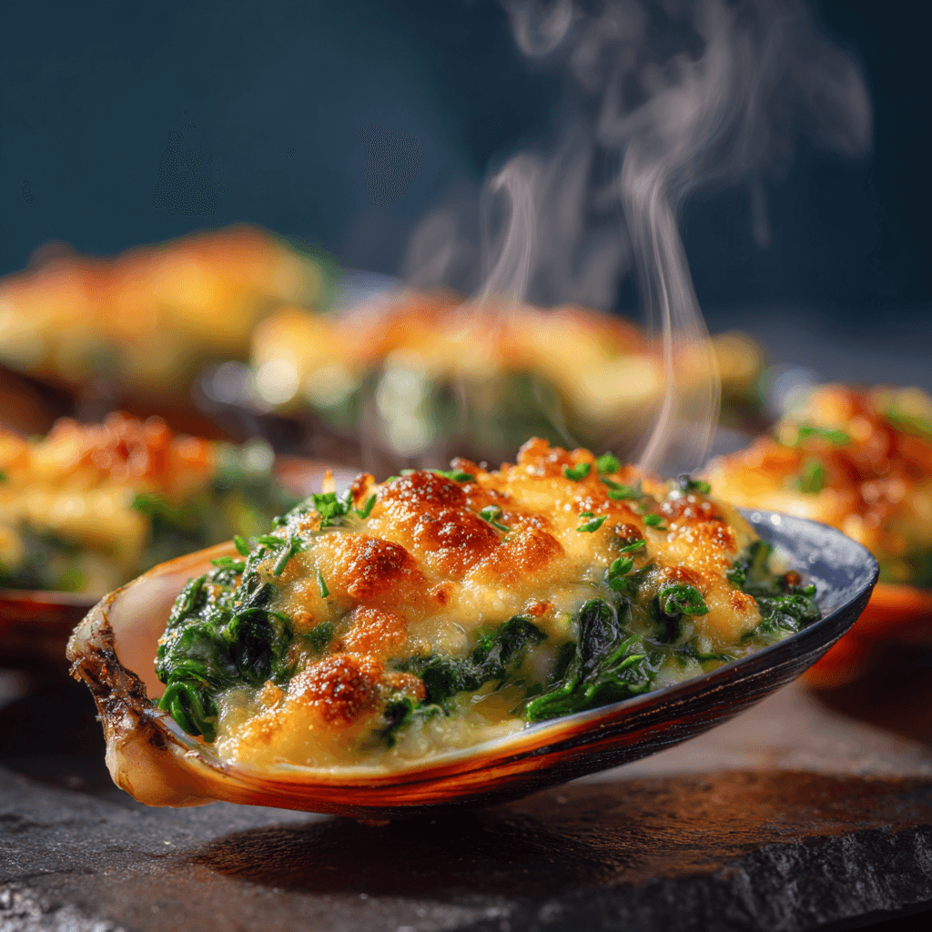 Мидии, запечённые со сливочно-шпинатным соусом