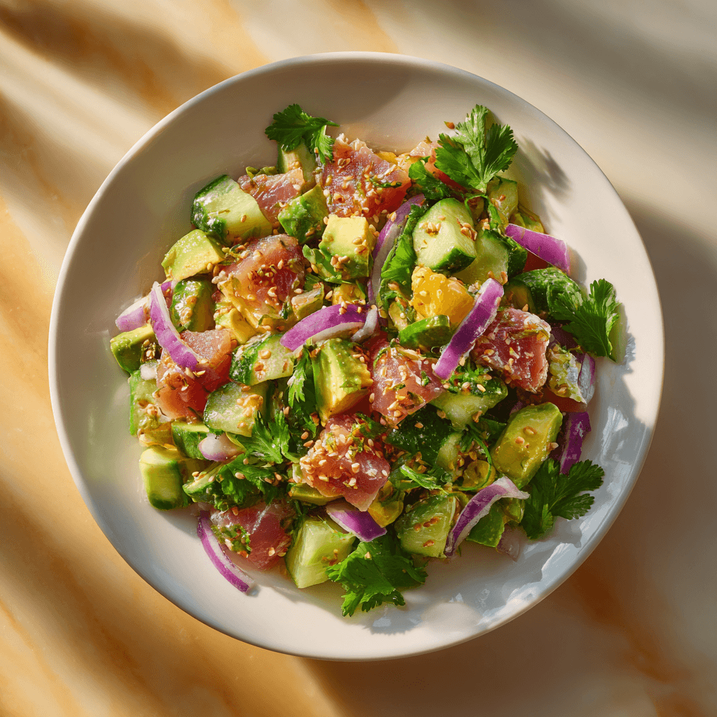 Салат с тунцом, авокадо и соком лайма
