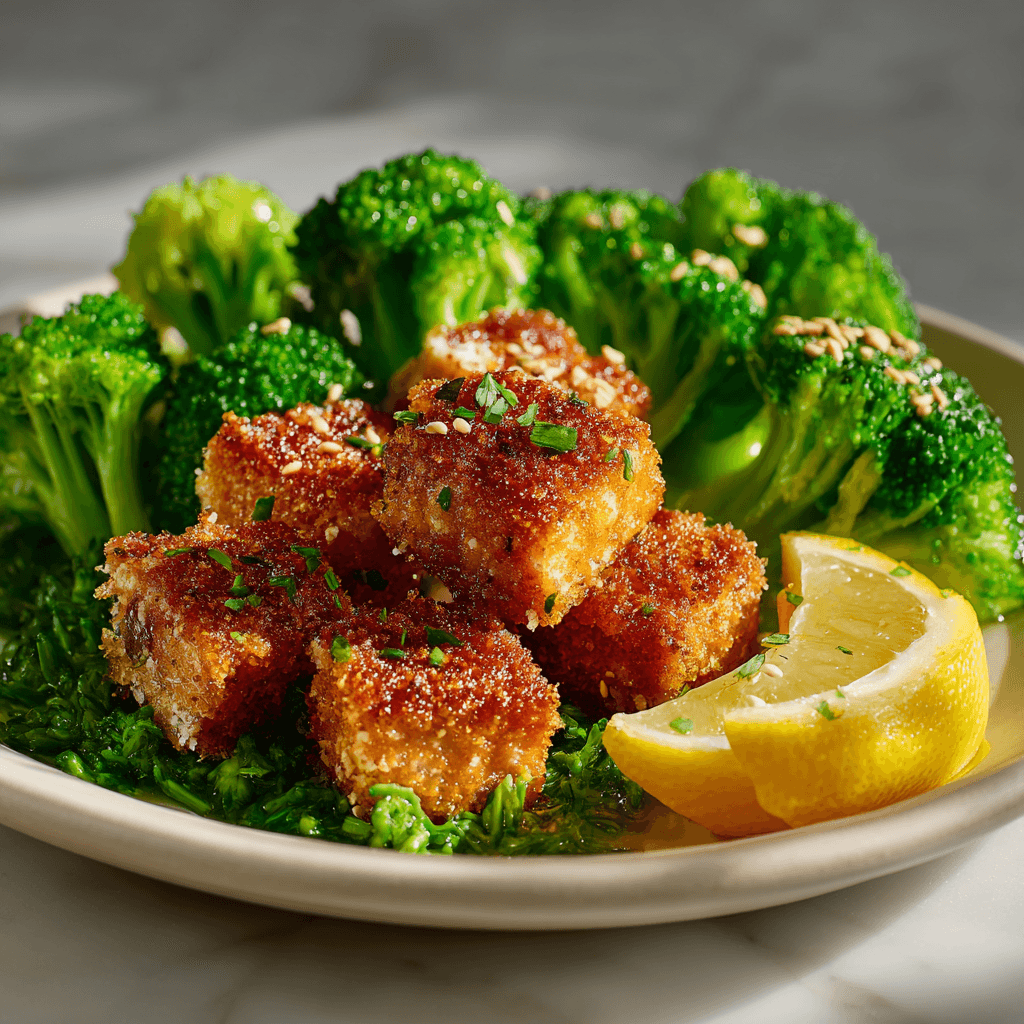 Жареное филе лосося в брикетах с брокколи и чесноком