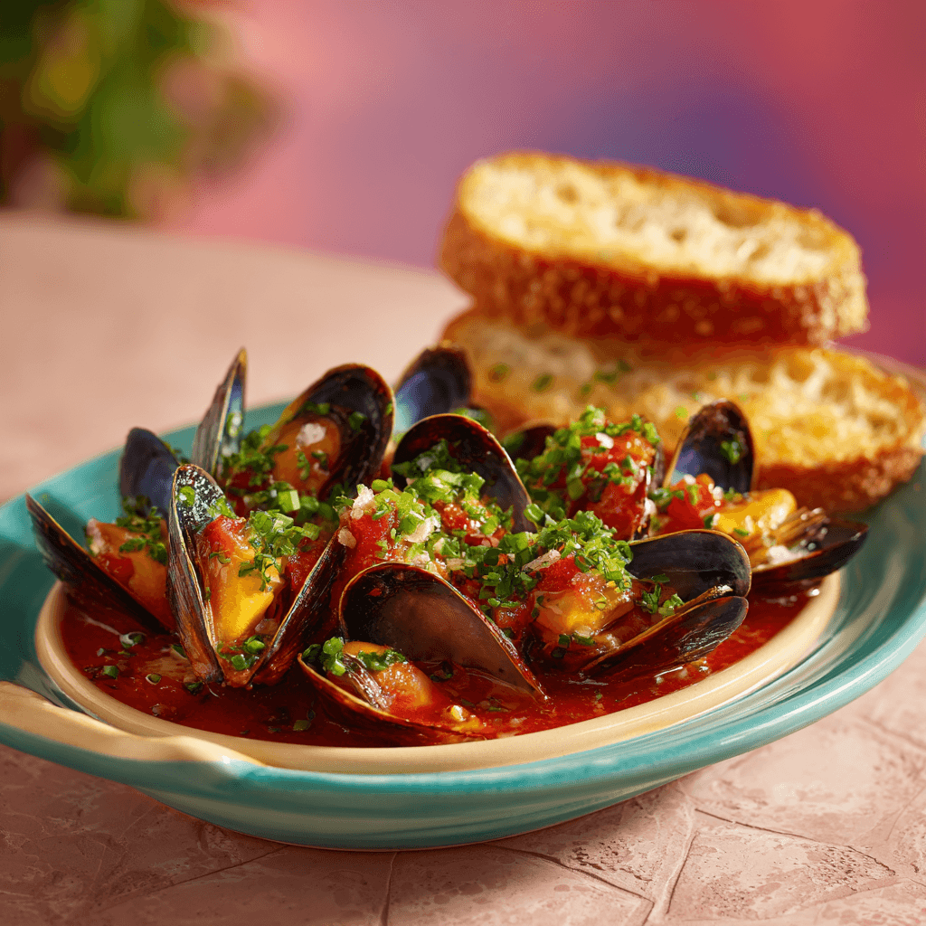 Мидии в половинках раковин с томатным соусом