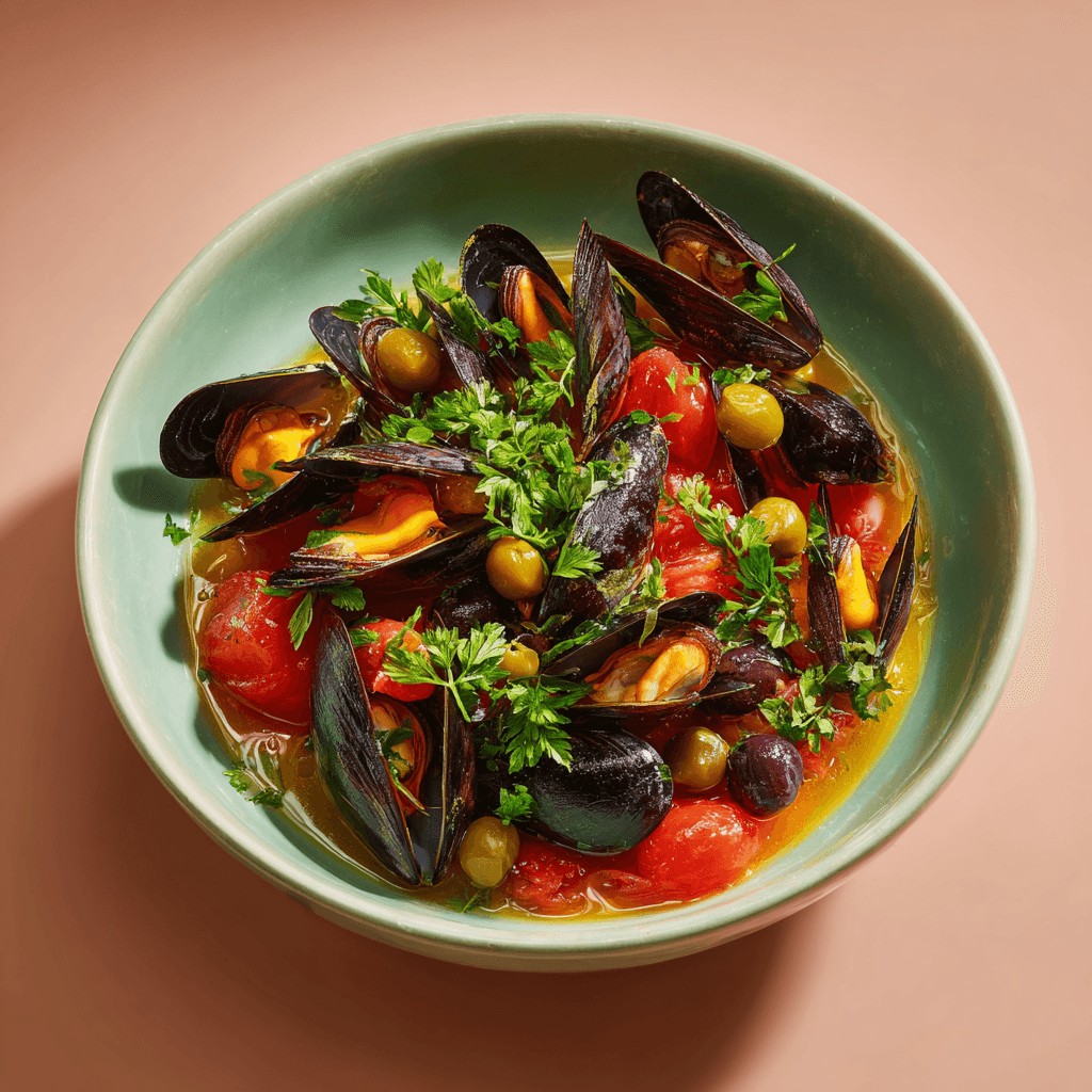 Мидии с томатами, оливками и просекко