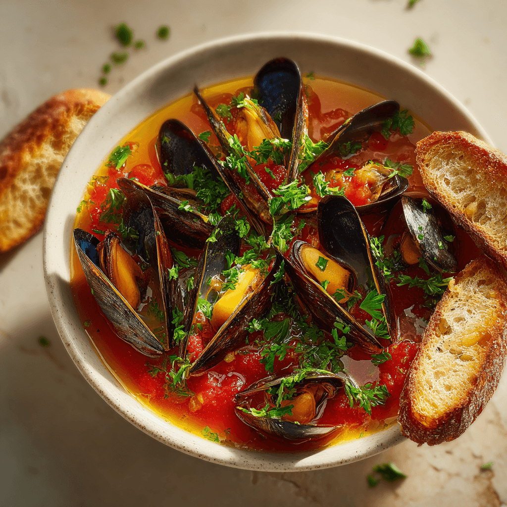 Мидии в винном соусе с томатами