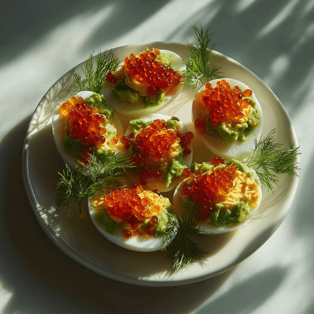 Фаршированные яйца с авокадо и красной икрой