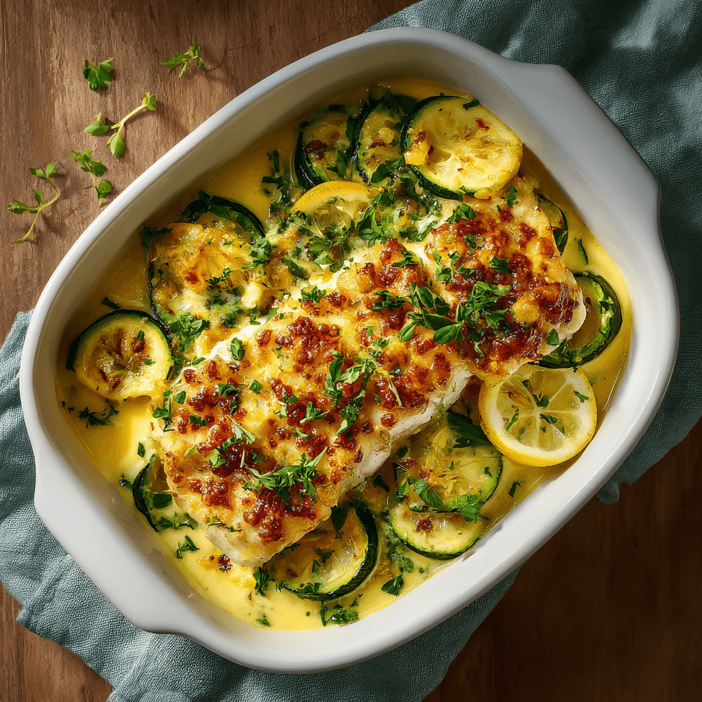 Запеченное филе минтая с кабачком в сырном соусе