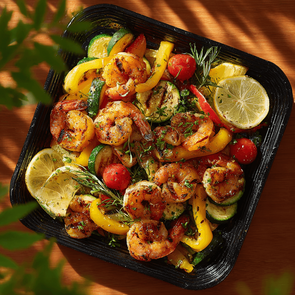 Креветки с овощами на гриле