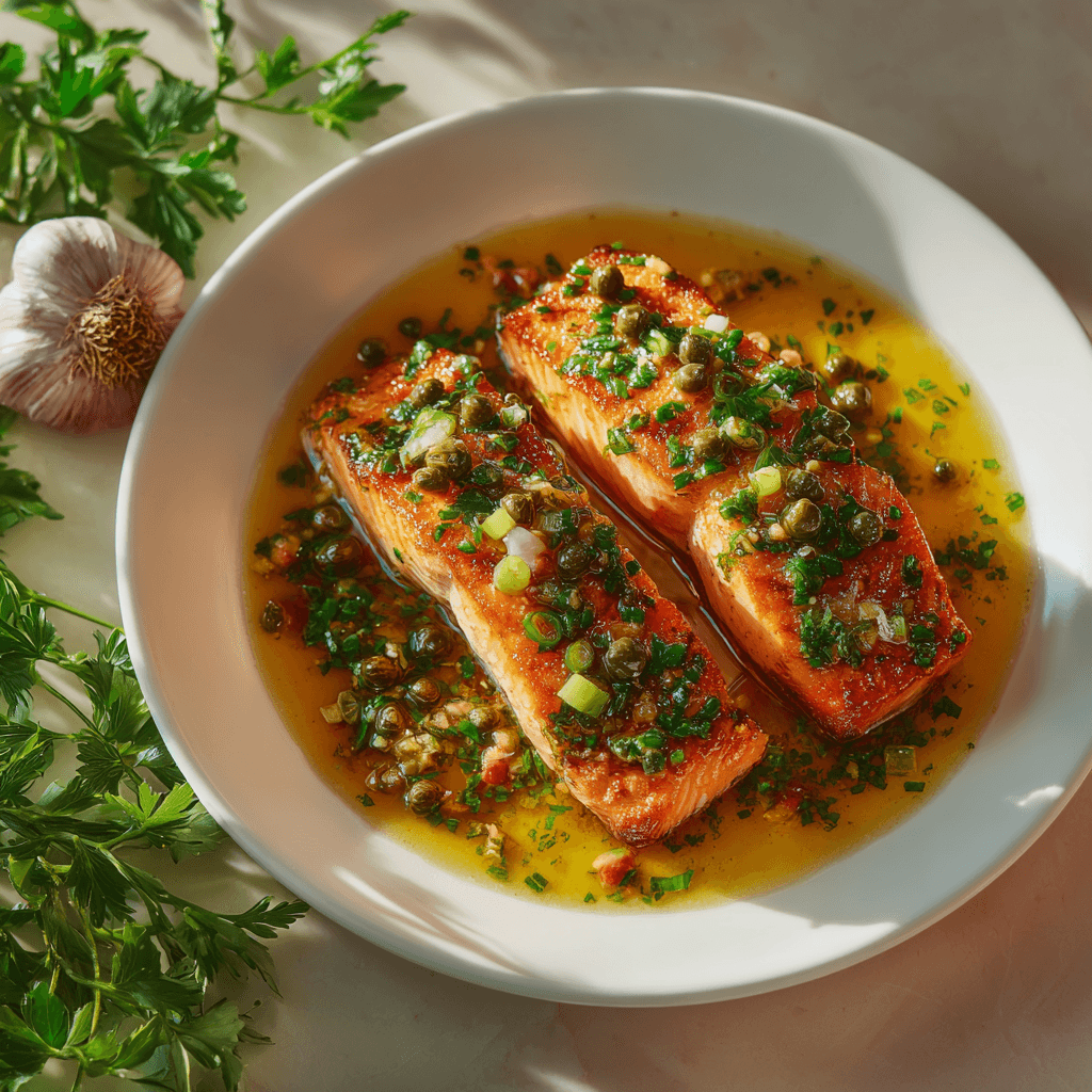 Стейки чавычи в винном соусе с каперсами и чесноком