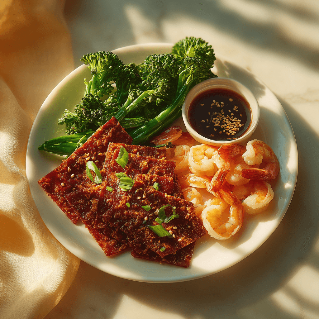 Вяленое мясо с брокколини и креветками