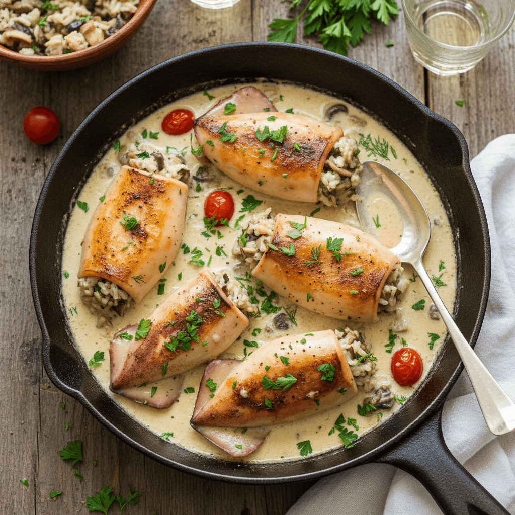 Кальмар фаршированный в сливочном соусе