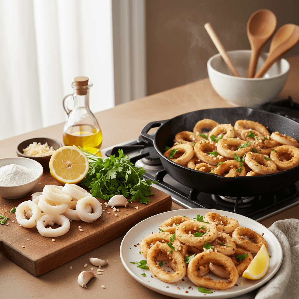 Жареные кальмары с петрушкой и чесноком