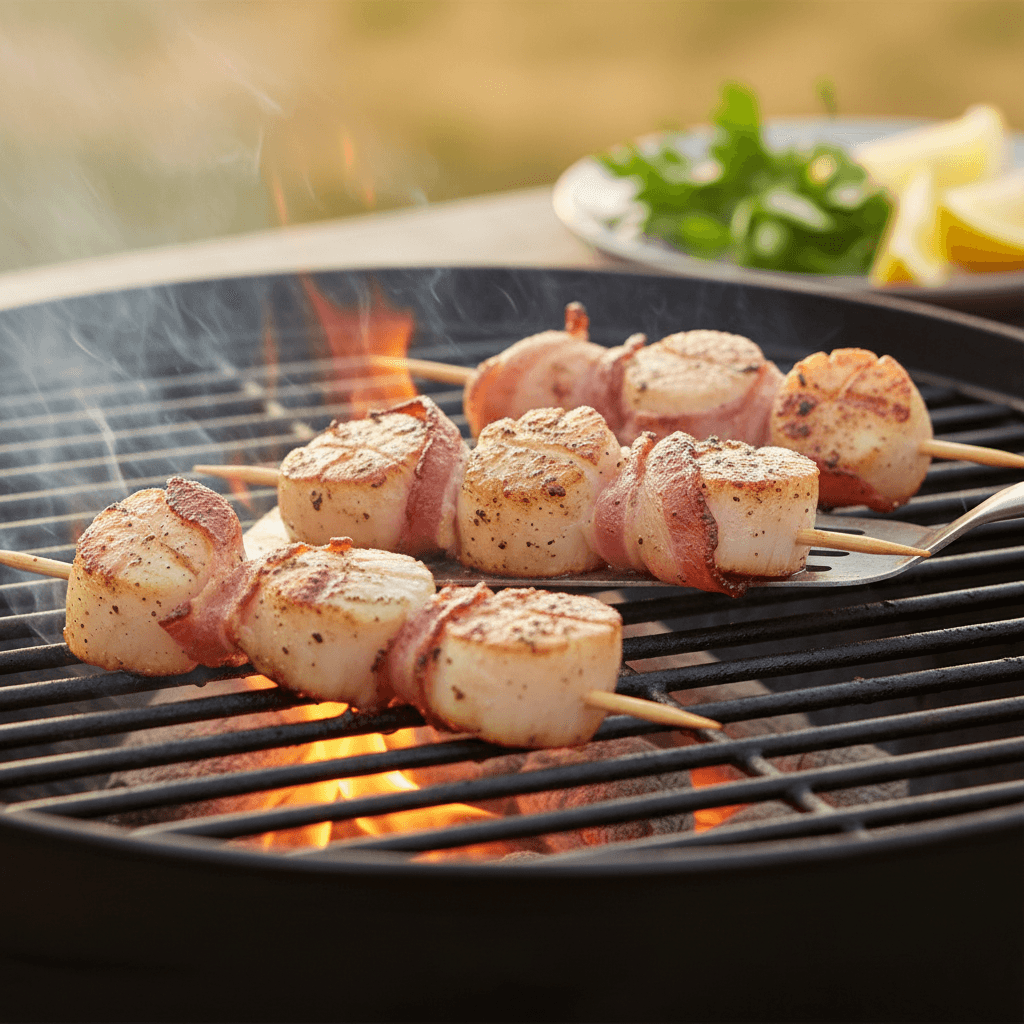 Морские гребешки в беконе, на решетке