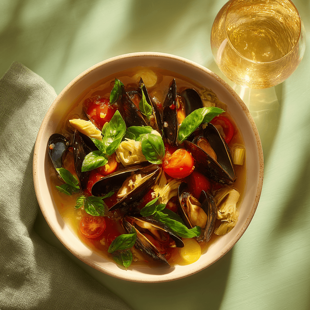 Мидии Киви в винном соусе с томатами и артишоками