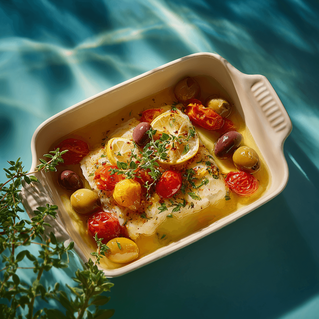 Зубатка запеченная с лимоном, оливками и томатами черри