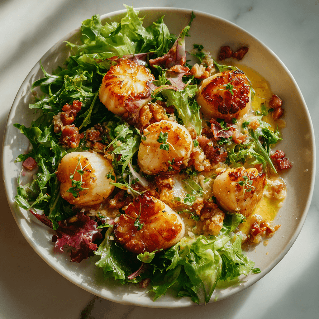 Теплый салат с морскими гребешками и беконом