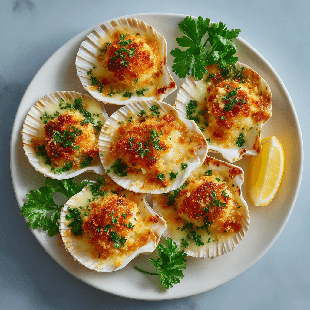 Запеченный гребешок на створке под сырной корочкой