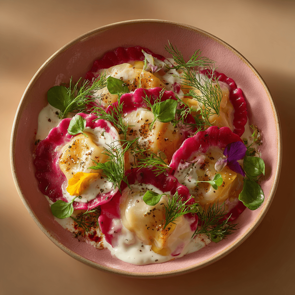 Свекольные равиоли с нежной сельдью