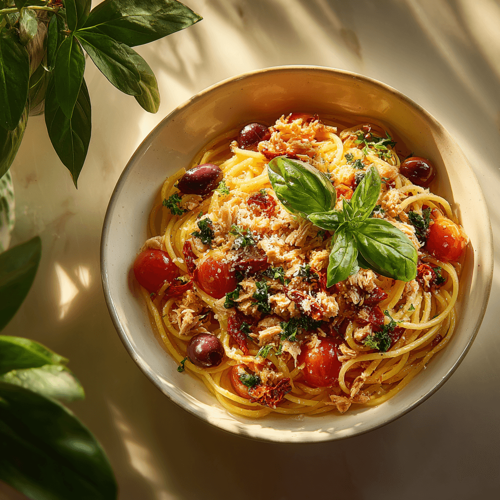 Паста с тунцом и помидорами