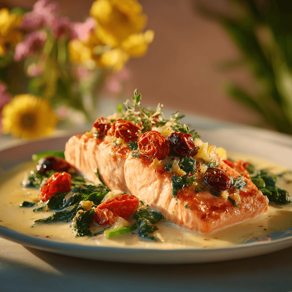 Филе горбуши в сливочном соусе с вялеными томатами