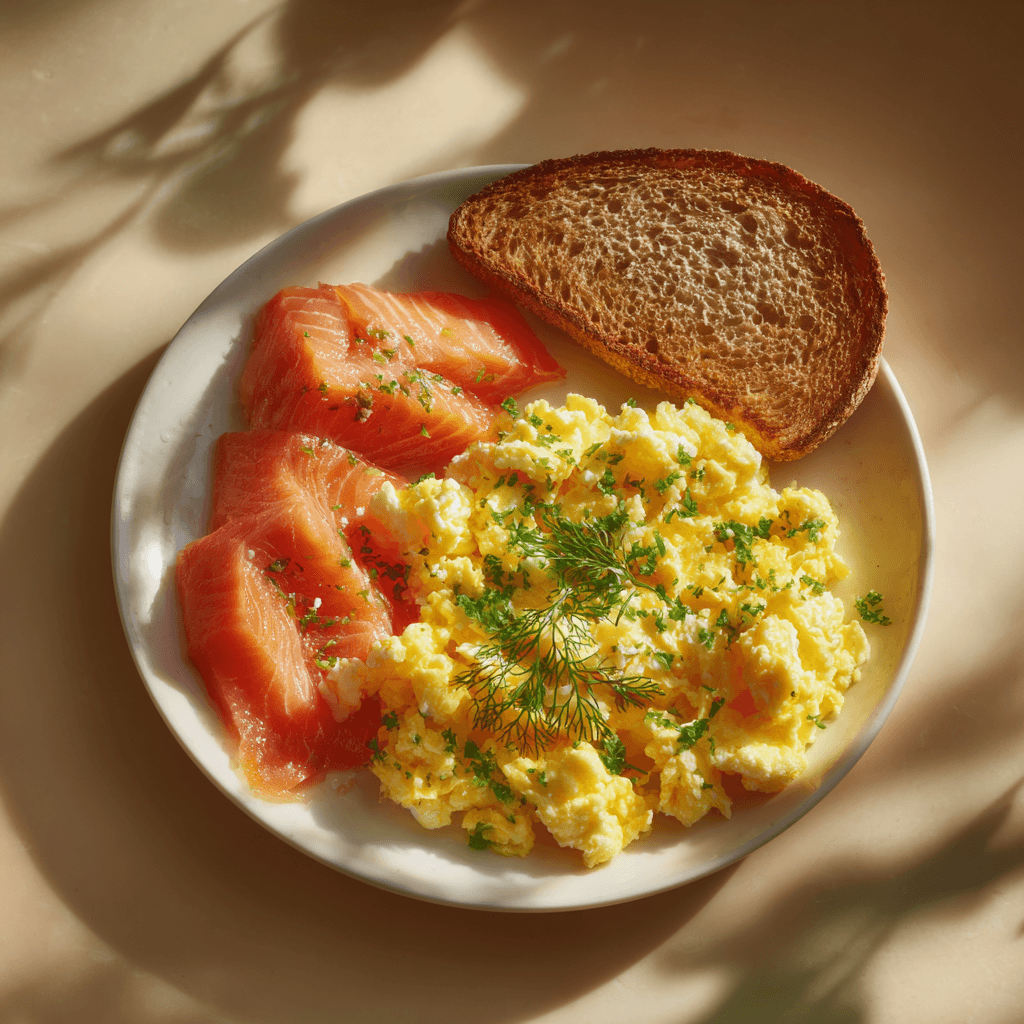 Завтрак со слабосоленой неркой и яйцами скрэмбл