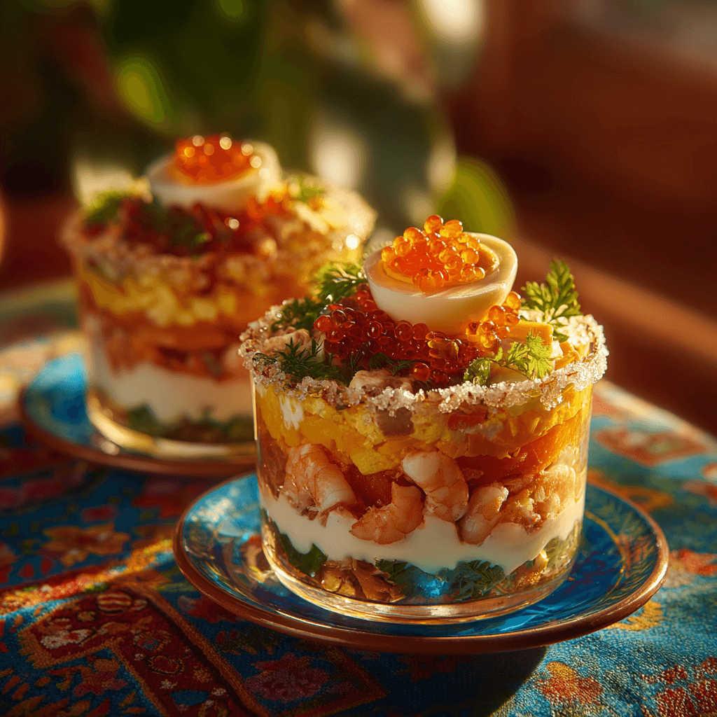 Новогодний салат с лососем, креветками, красной икрой и заправкой из сливочного сыра