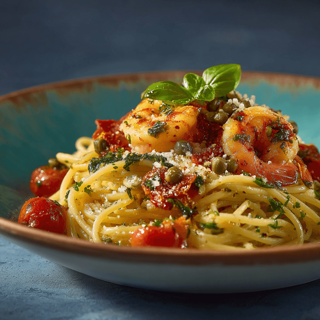 Паста с креветками, базиликом и свежими помидорами