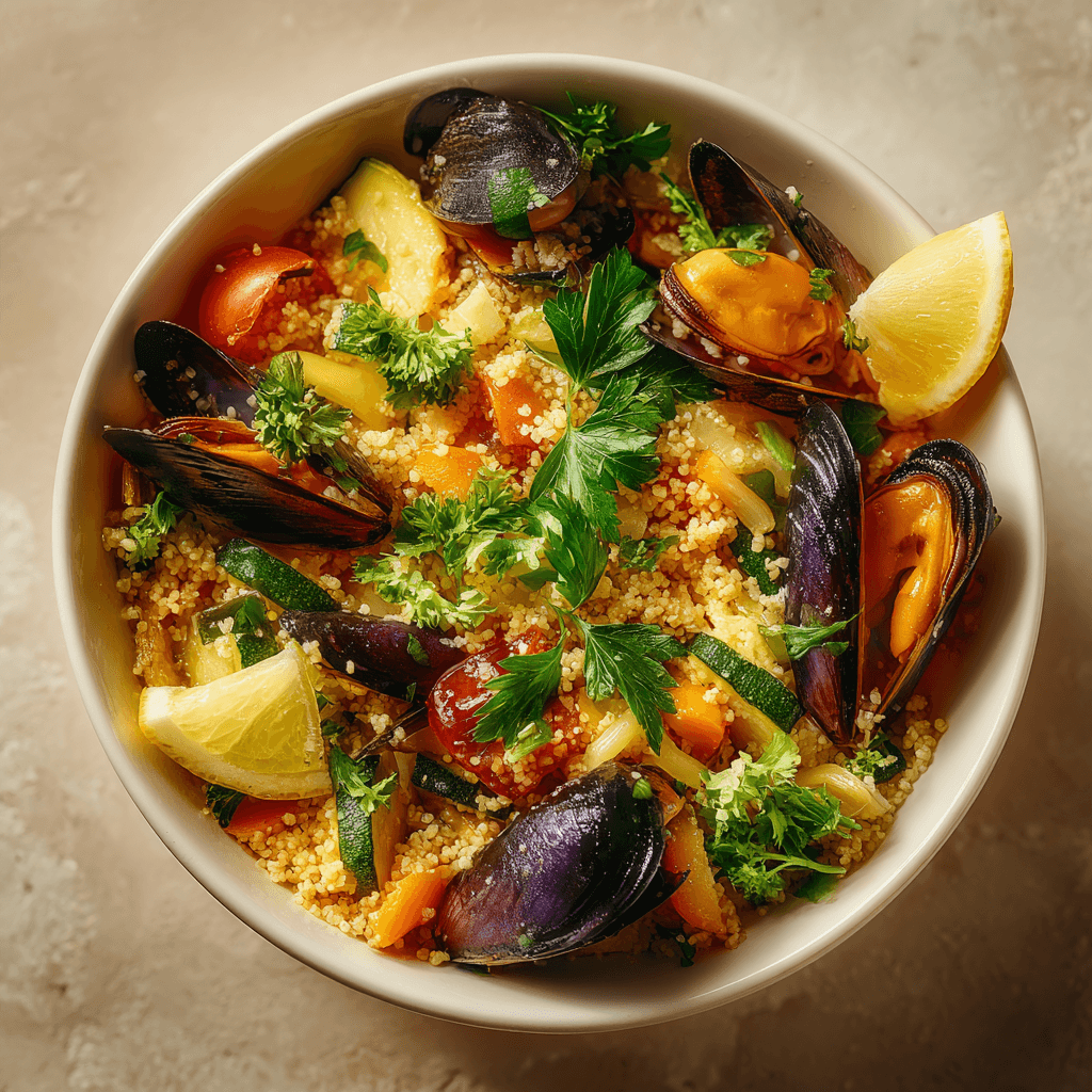 Мидии с булгуром и овощами
