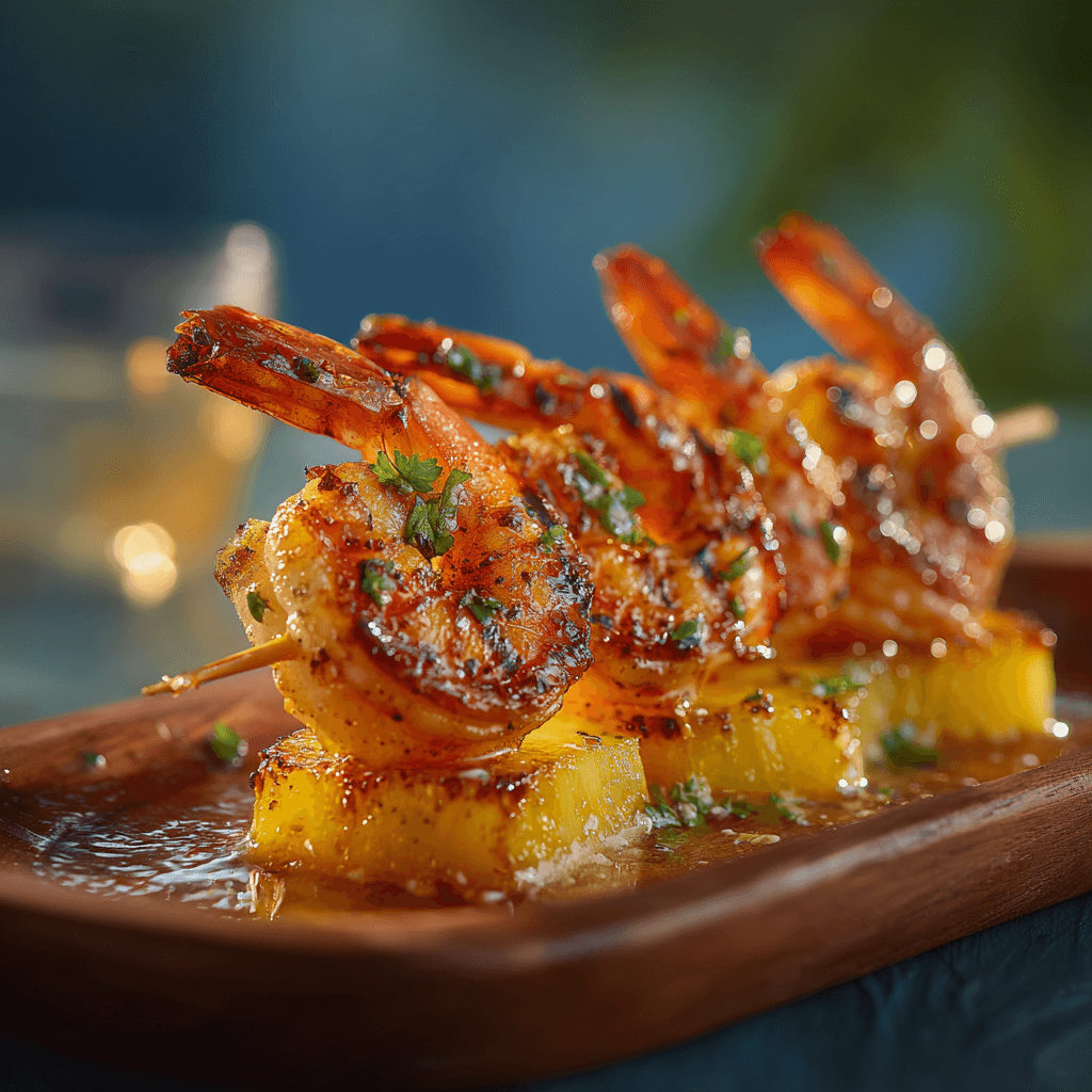 Шашлычки из креветок с ананасами на гриле