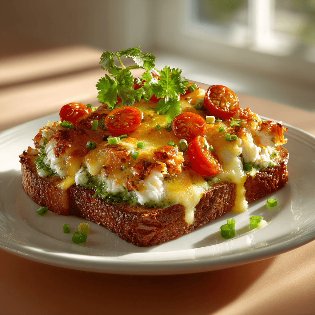 Горячий сэндвич с мясом краба, сулугуни и соусом песто