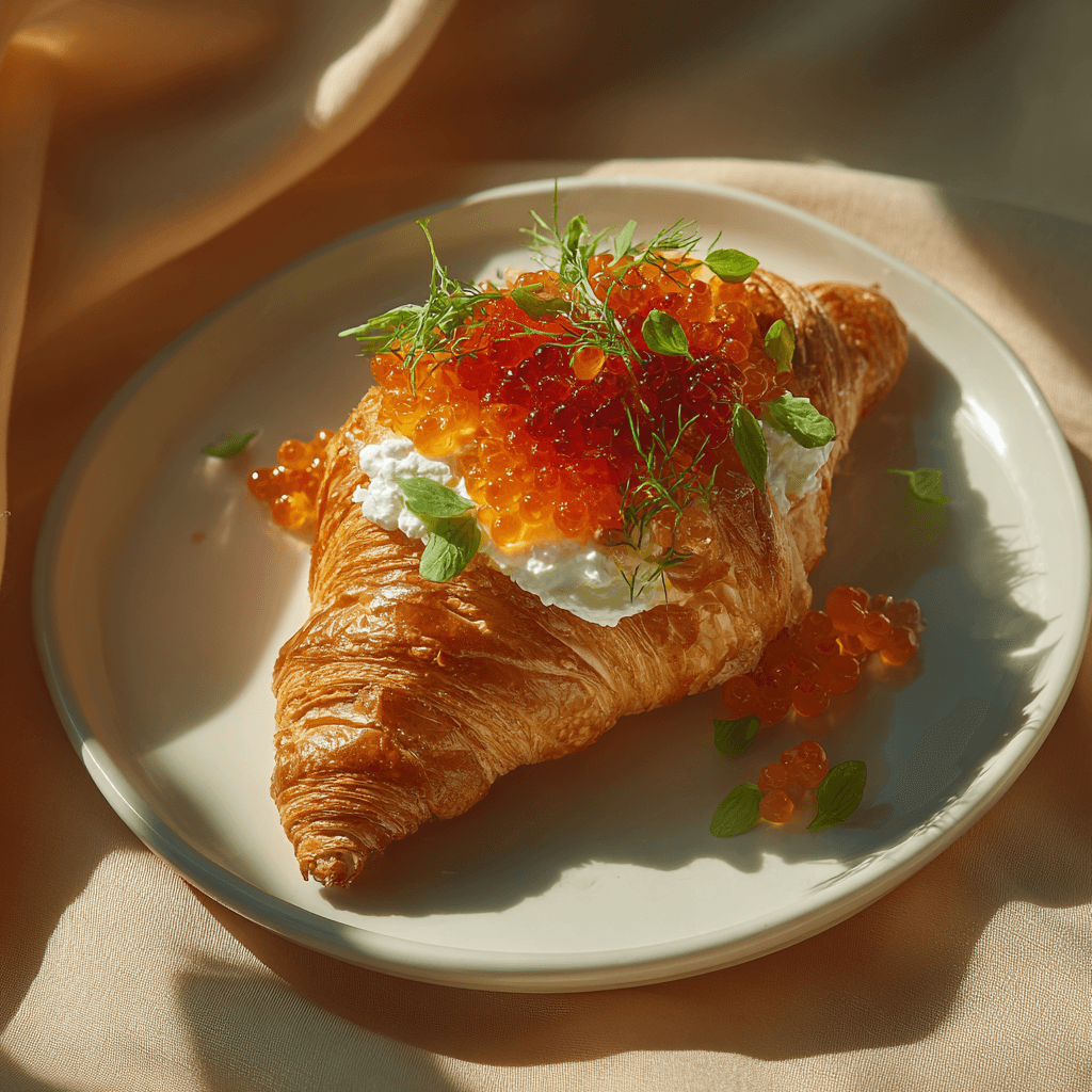 Круассан с красной икрой и страчателлой