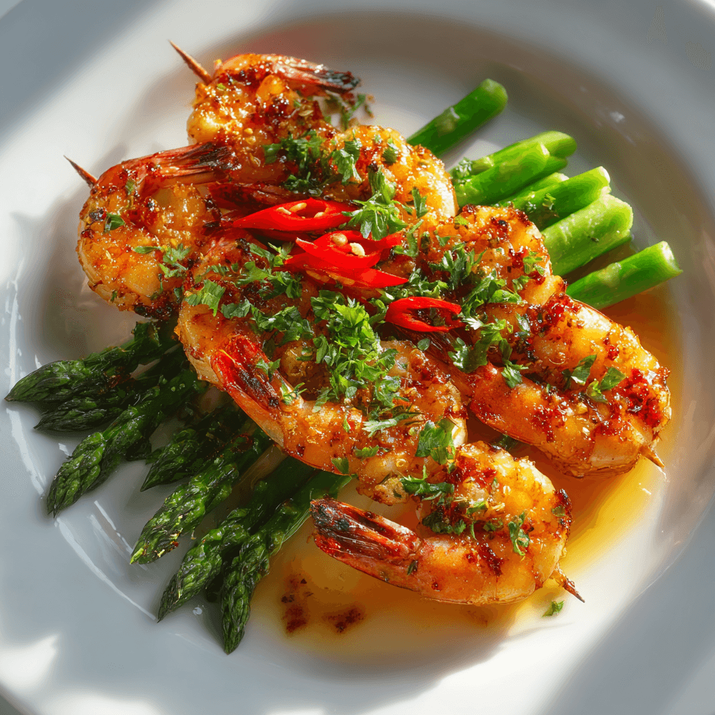 Королевская креветка, обжаренная на гриле со спаржей и перцем чили