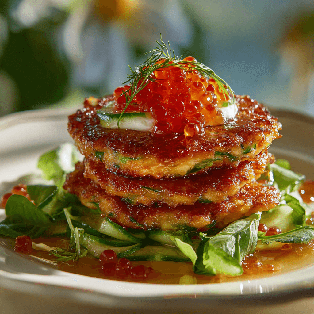 Кабачковые оладьи с красной икрой и страчателлой