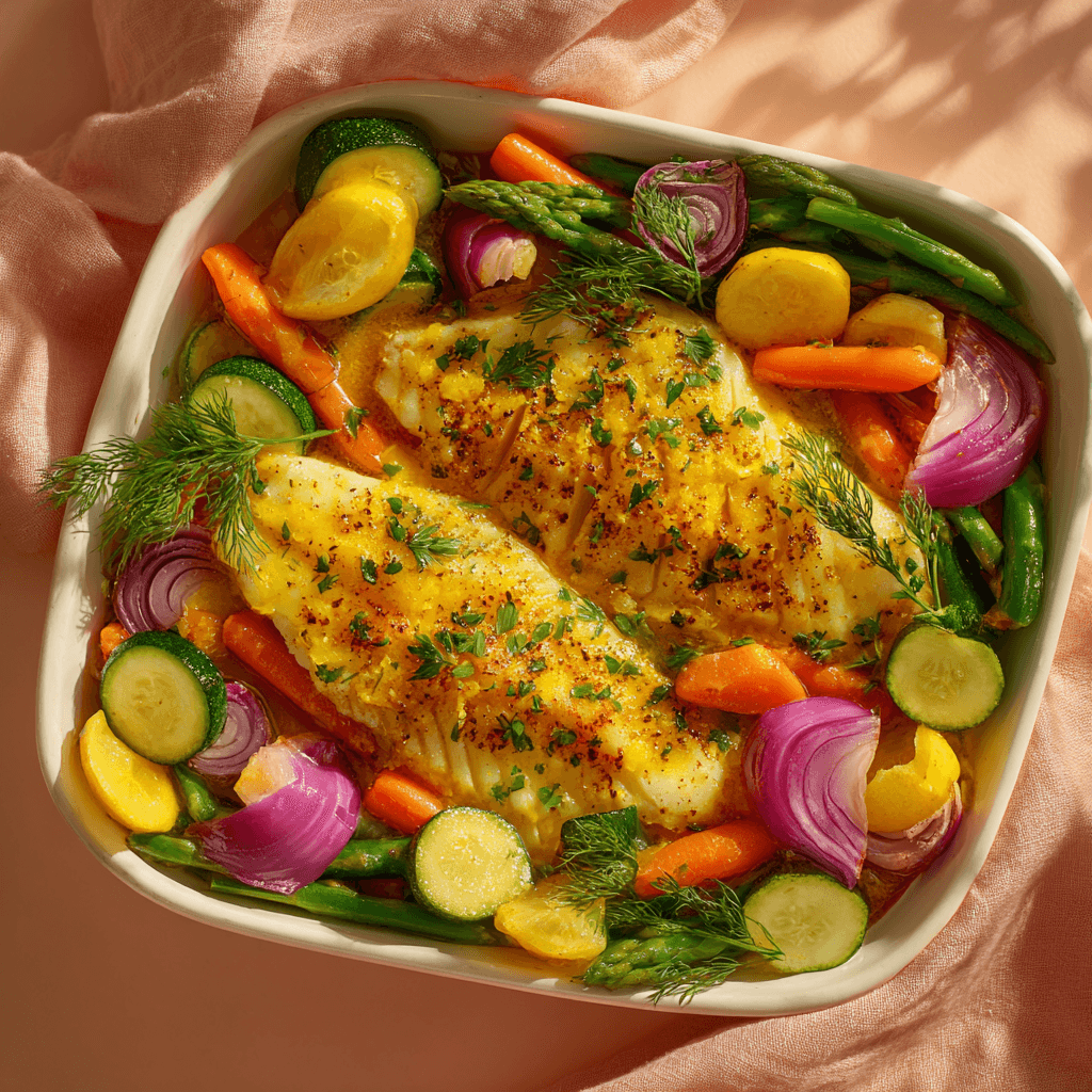 Запеченная камбала с овощами по-весеннему