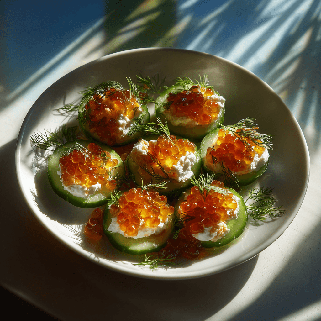 Мини-канапе с красной икрой и свежим огурцом