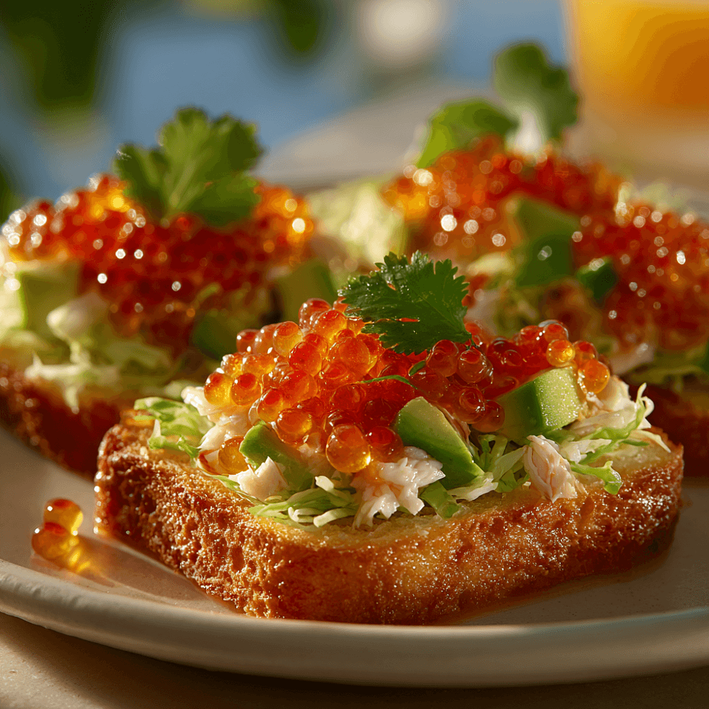 Брускетта с крабом и красной икрой