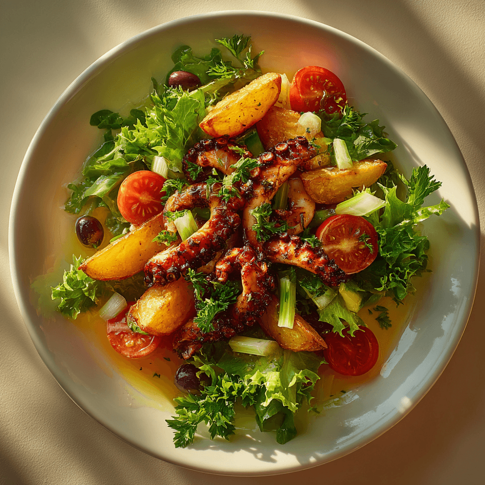 Средиземноморский салат с копчёным осьминогом и печеным картофелем