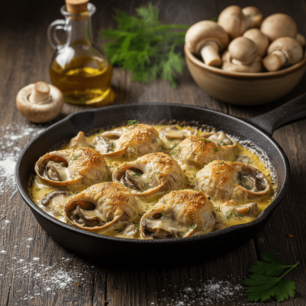 Рапаны запечённые с вешенками в сливочном соусе