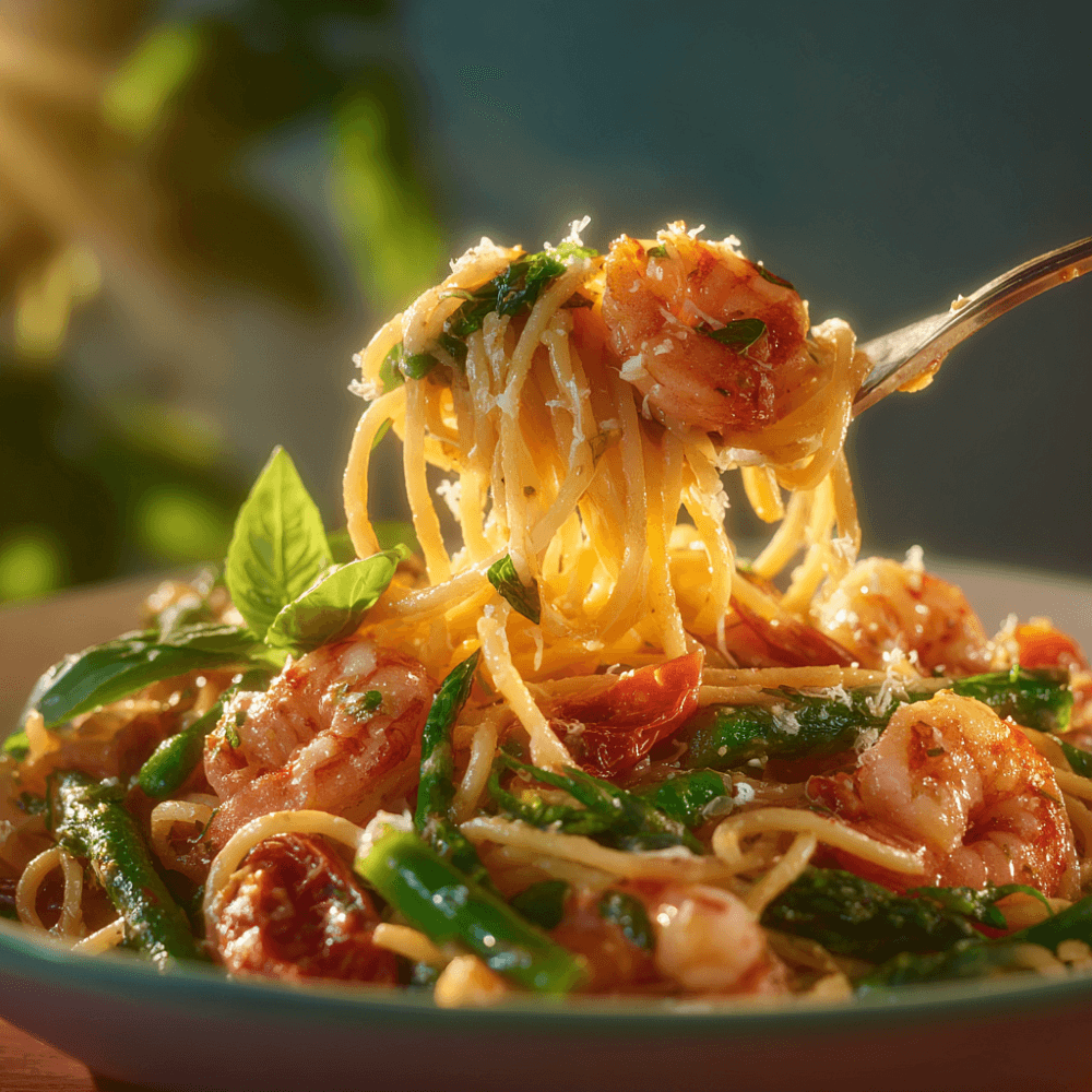 Паста с креветками и спаржей