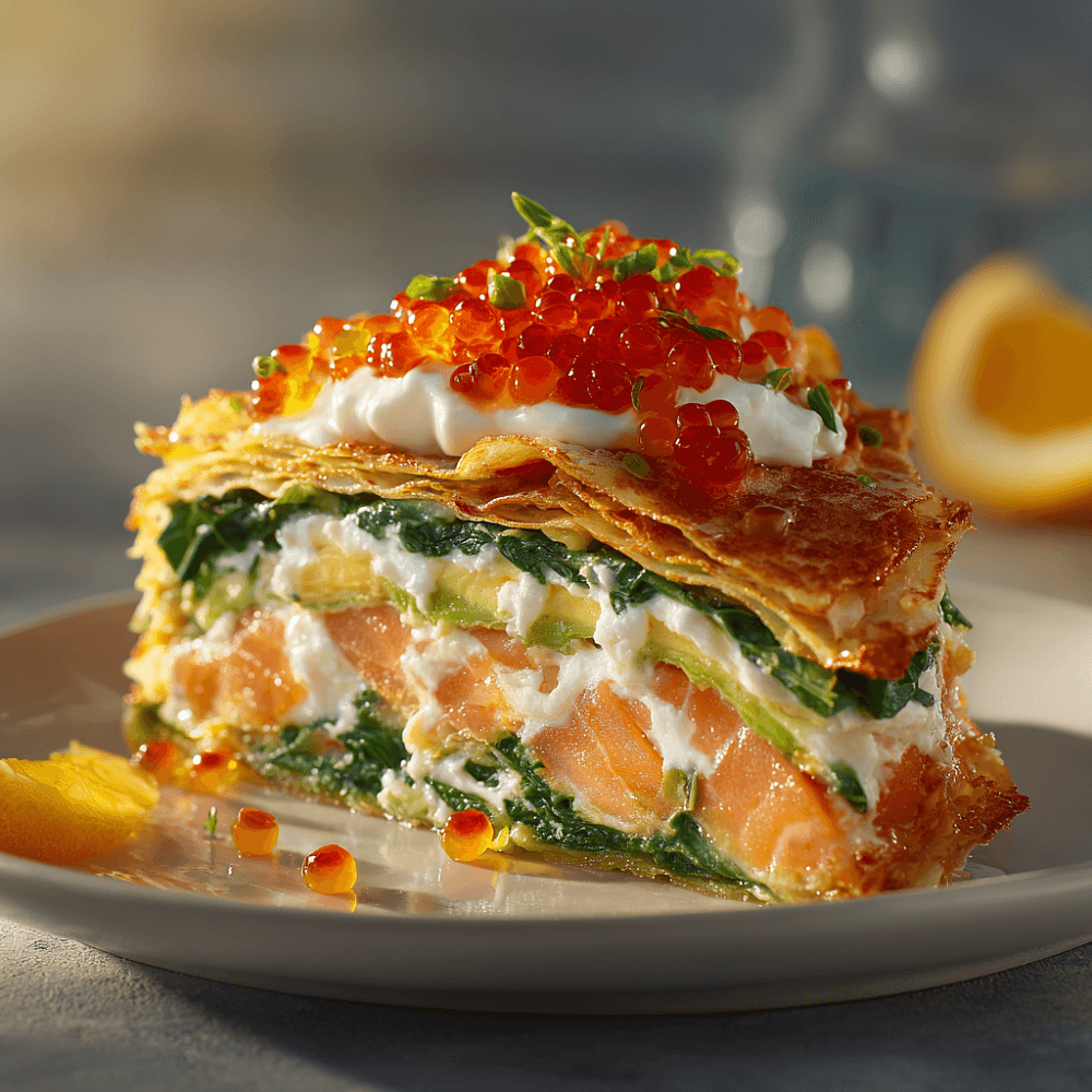 Блинный торт с красной рыбой, икрой и авокадо