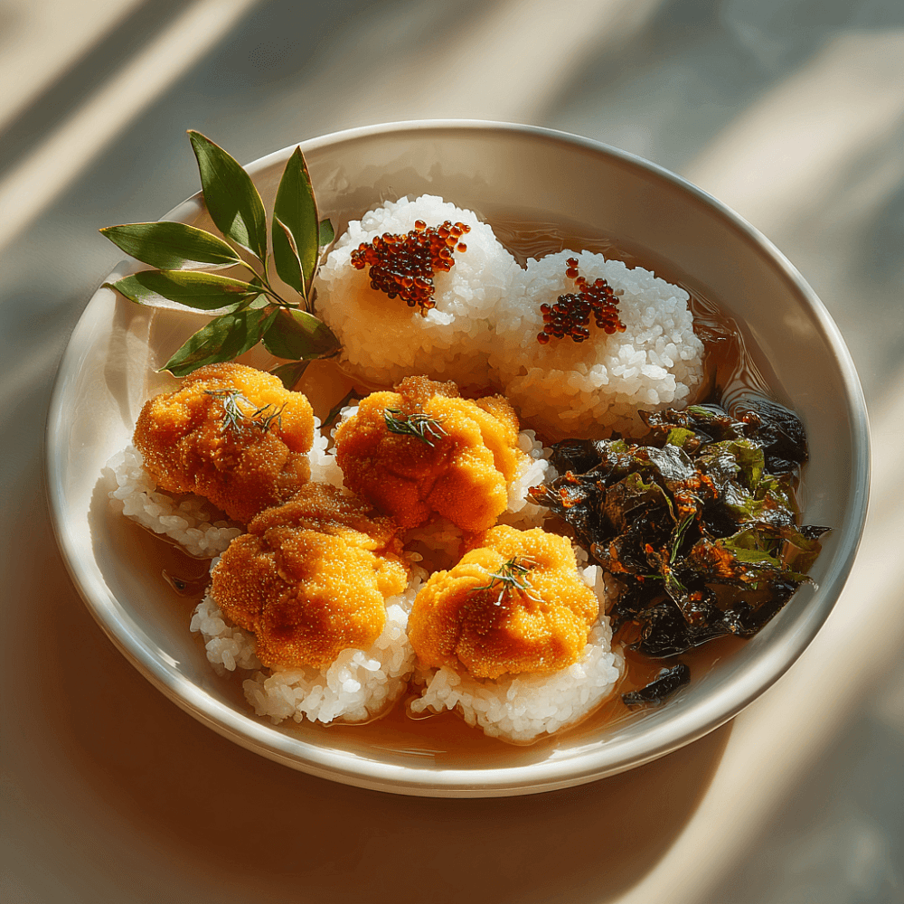 Рисовые шарики с икрой морского ежа, тобико и морской капустой