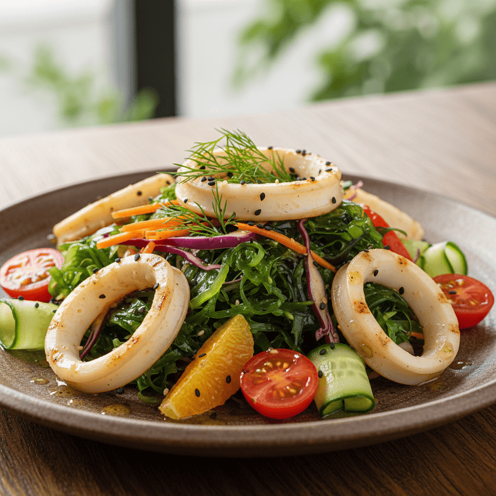 Витаминный салат с кальмарами и морской капустой