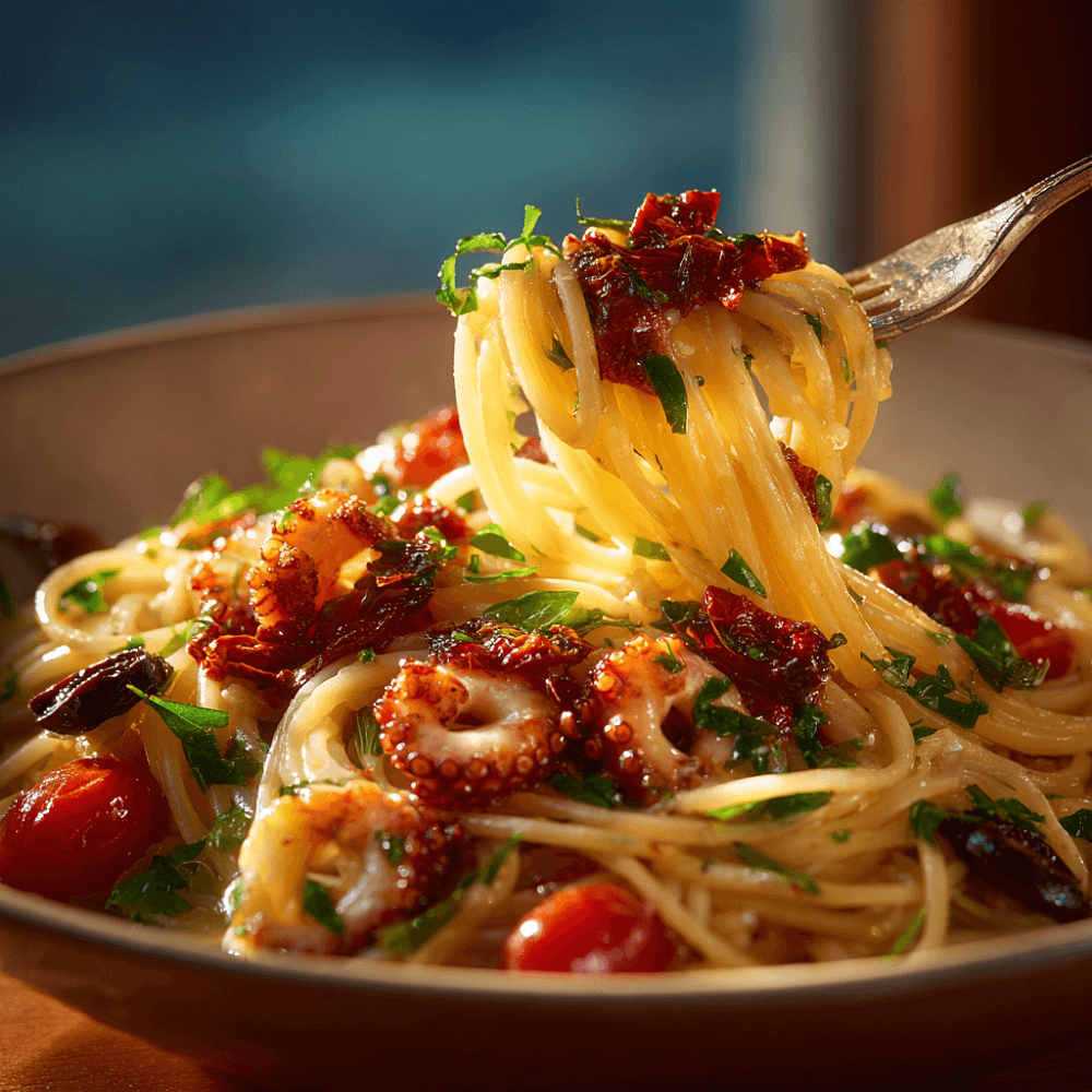 Паста с мини-осьминогами и вялеными томатами в винном соусе