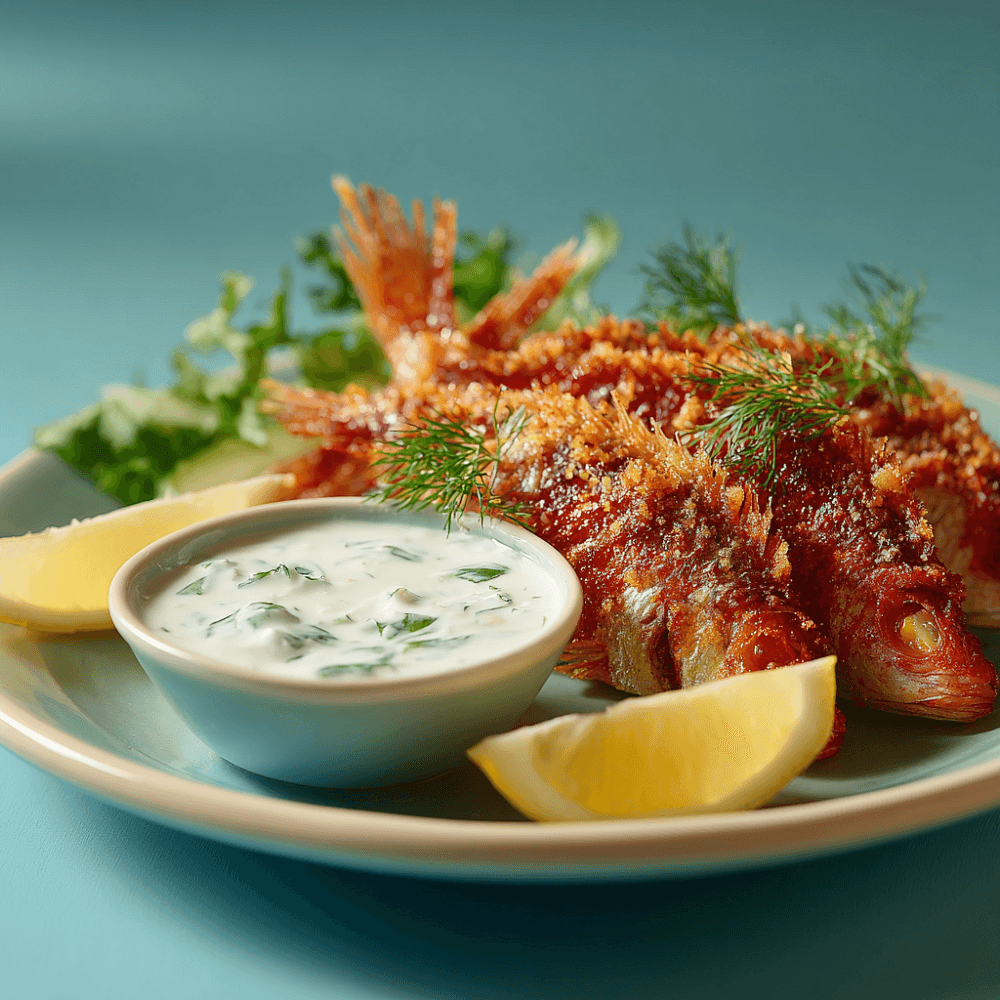 Жареная барабулька с соусом дзадзики