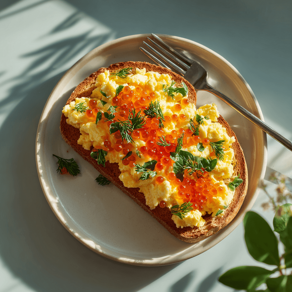 Тосты со взбитым омлетом и красной икрой: полезный завтрак