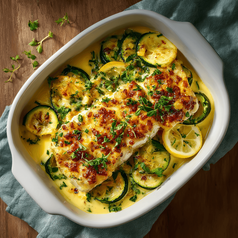 Запеченное филе минтая с кабачком в сырном соусе