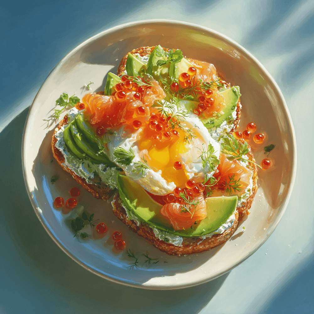 Авокадо-тост с лососем, красной икрой и яйцом пашот