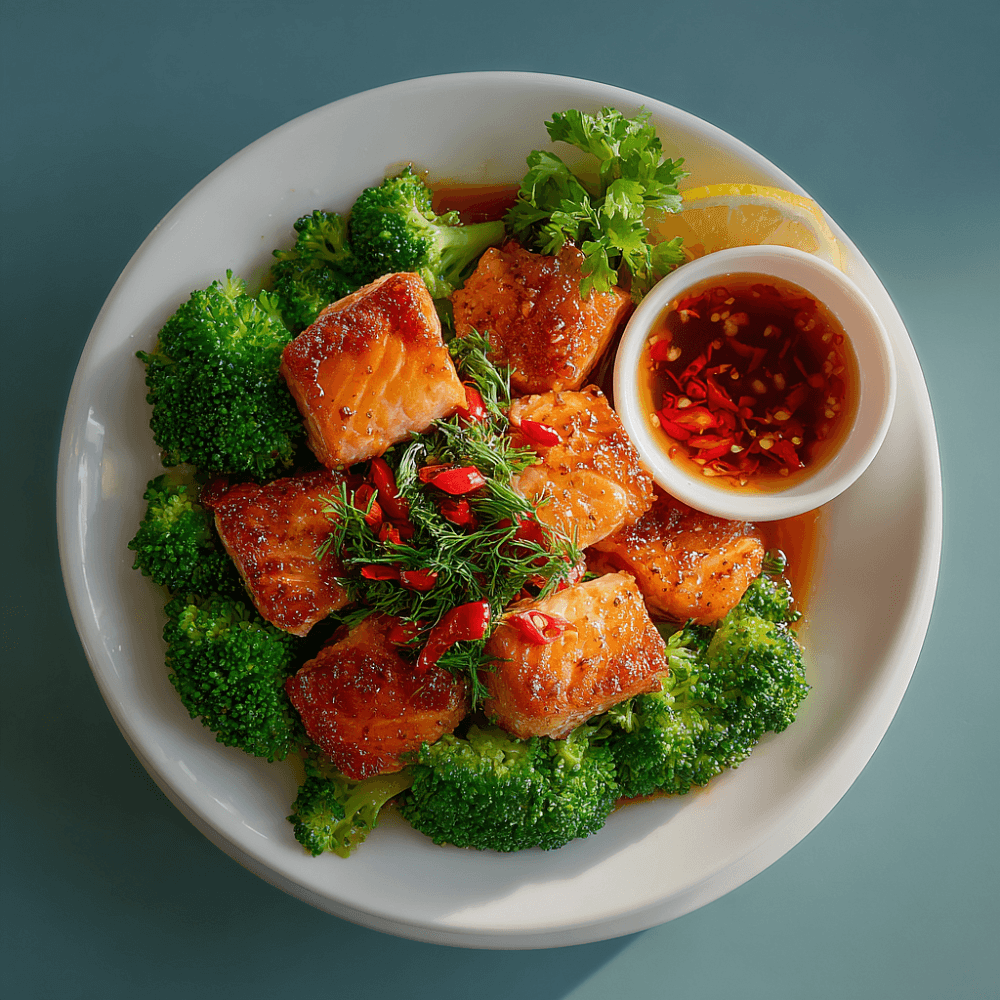 Обжаренная кета и брокколи с чили-соусом