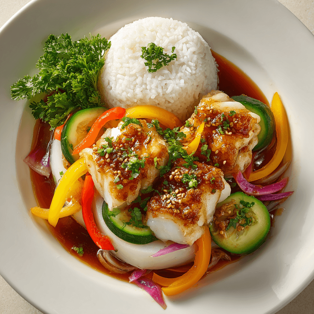 Навага, тушеная с дайконом, цуккини и сладким перцем