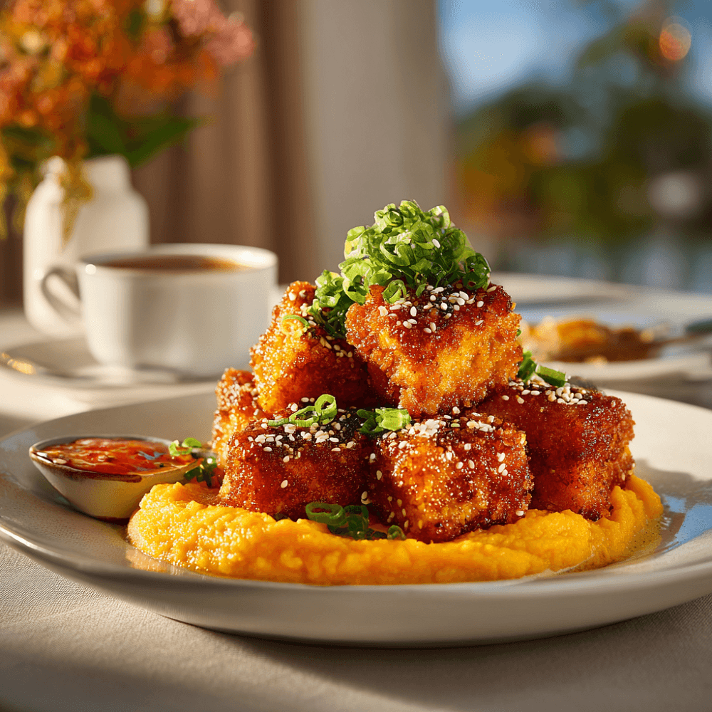 Кубики лосося в хрустящей панировке с пюре из батата